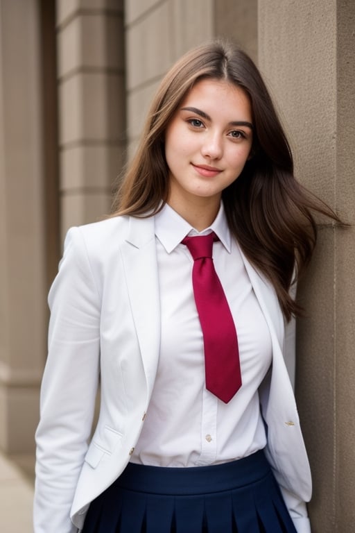 A beatiful 21 years old brunette woman, gorgeus, perfect face, beautiful body, she wearing college uniform with tie, blazer and skirt ,Realism