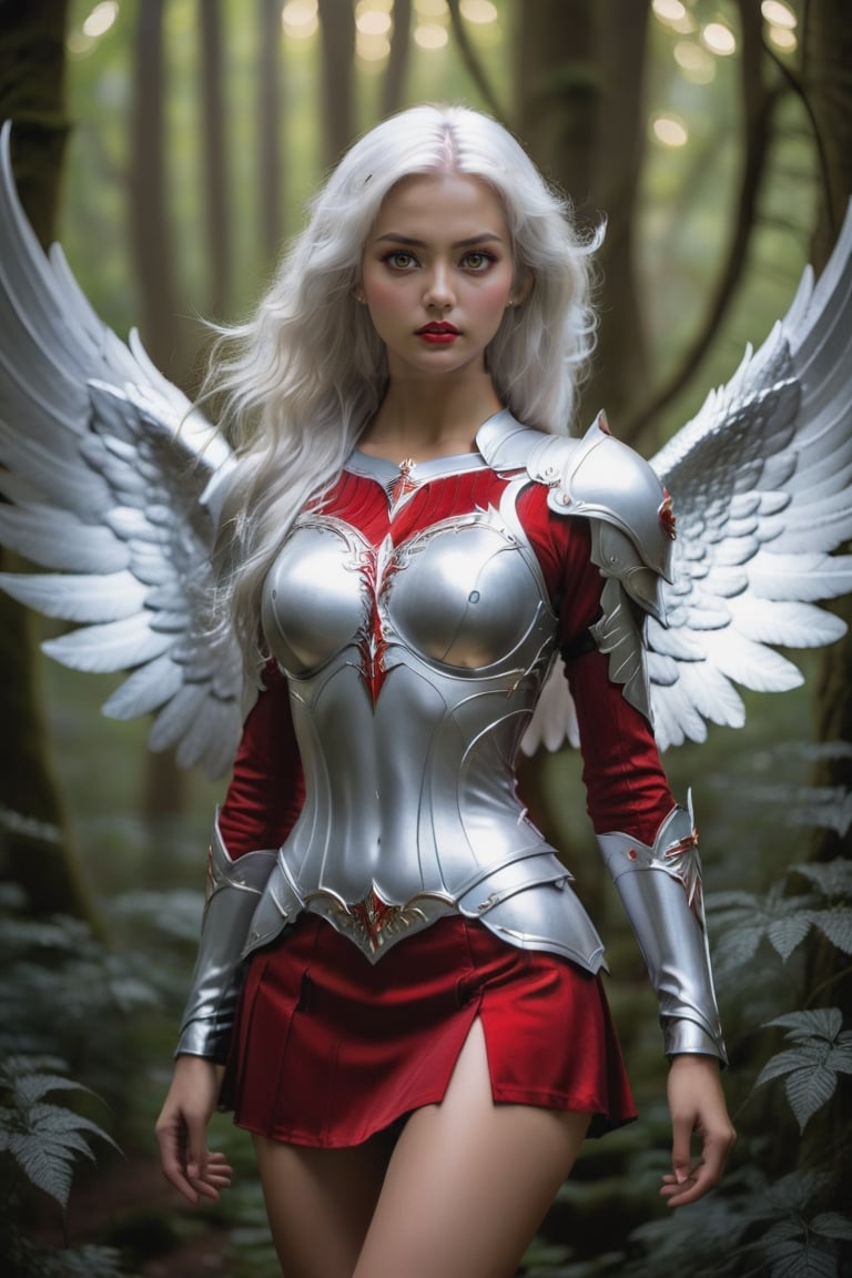 As the moon rises over the dark forest, a striking angel with flowing white hair and shimmering silver wings emerges. Her tight red miniskirt and armor chest are a stark contrast to her delicate features, but her fierce determination is evident in her piercing gaze.