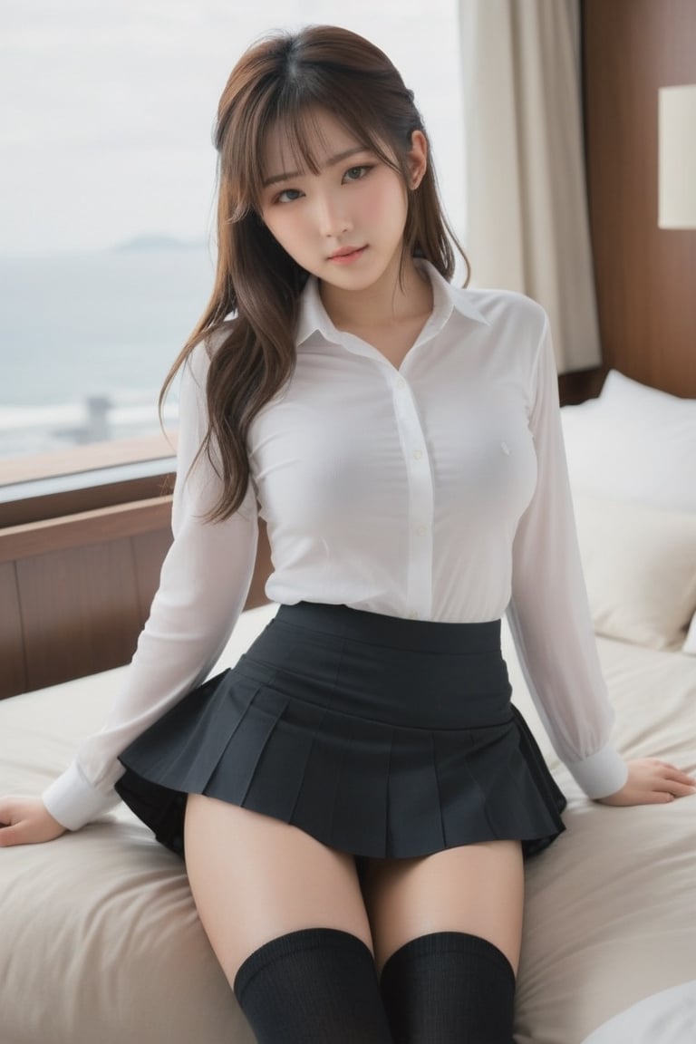 Meet the embodiment of Japanese beauty - a 22-year-old girl with a face that could make angels weep and a body that could make Aphrodite jealous. Her black socks and miniskirt add a touch of edginess to her otherwise angelic appearance, while her white shirt hints at a hidden sensuality. This full-body render is a masterpiece of detail and style.,p3rfect boobs,more saturation ,Cinematic ,Extremely Realistic