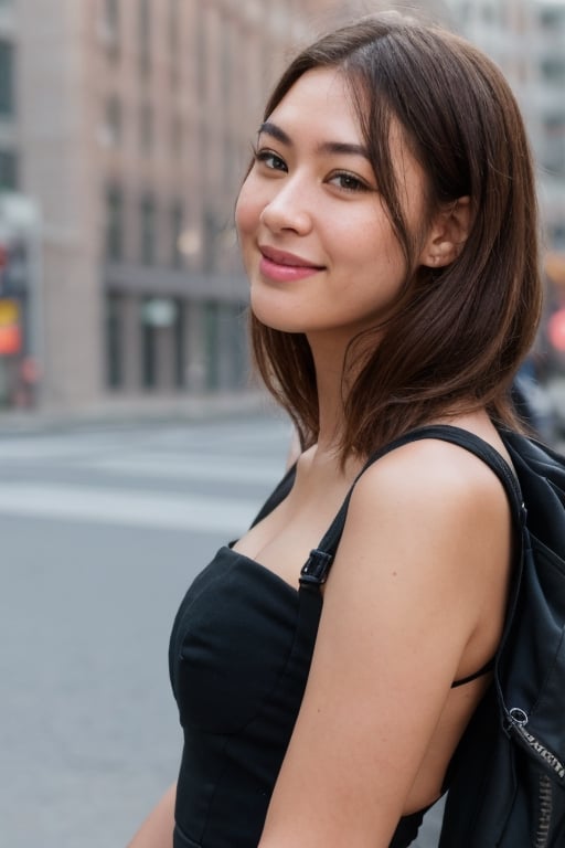 hyper realistic face)))(((extreme realistic skin detail))) (face with detailed shadows) (masterpiece, highest quality), (realistic, photo_realistic:1.9), ((Photoshoot)) A smiling woman posing for a photo at an event, wearing a sleeveless yellow dress and black high heels, with dark brown hair and natural makeup. Urban background with glass buildings, people, and cars blurred. General shot, Sony A7R IV camera, standard color profile, Sony FE 24-70mm f/2.8 GM lens, natural light. sharp focus, 8k, UHD, high quality, frowning, intricate detailed, highly detailed, hyper-realistic