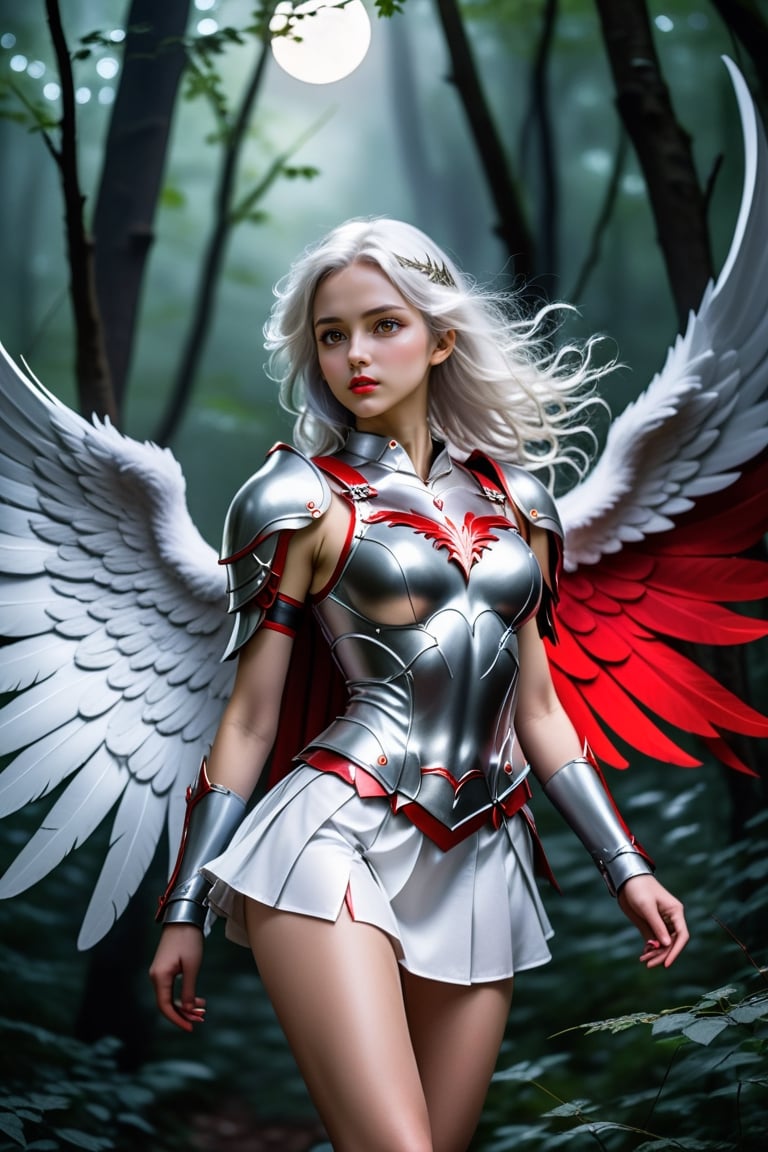 As the moon rises over the dark forest, a striking angel with flowing white hair and shimmering silver wings emerges. Her tight red miniskirt and armor chest are a stark contrast to her delicate features, but her fierce determination is evident in her piercing gaze., ,more detail XL,photo r3al