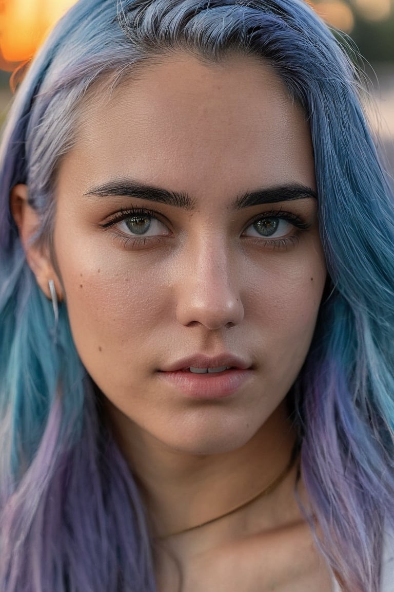 (((hyper realistic face)))(((extreme realistic skin detail))) (face with detailed shadows) (masterpiece, highest quality), (realistic, photo_realistic:1.9), ((Photoshoot)) A 21-year-old girl with blue hair and casual attire at a skatepark at dusk, holding a black skateboard, with concrete ramps and metal handrails in the background, scattered trees and soft evening light, Nikon D850 quality photo, full shot, standard lens, using natural light, sharp focus, 8k, UHD, high quality, frowning, intricate detailed, highly detailed, hyper-realistic,detailmaster2