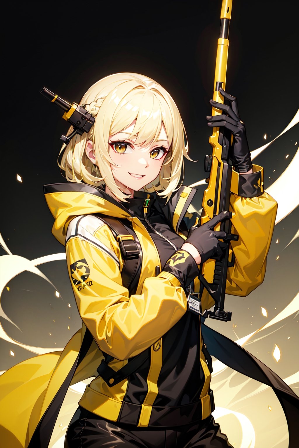 AWP | Dragon Lore (WW), holding_weapon , gun, sexy, beginner, pistol, yellow hair color, smile, brown background, black eyes, black suit