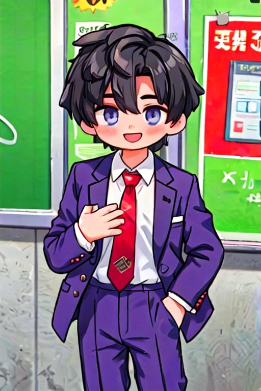 black hair and eyes, school dress shirt, red necktie, purple long suit pants, laugh at, 1male, standing