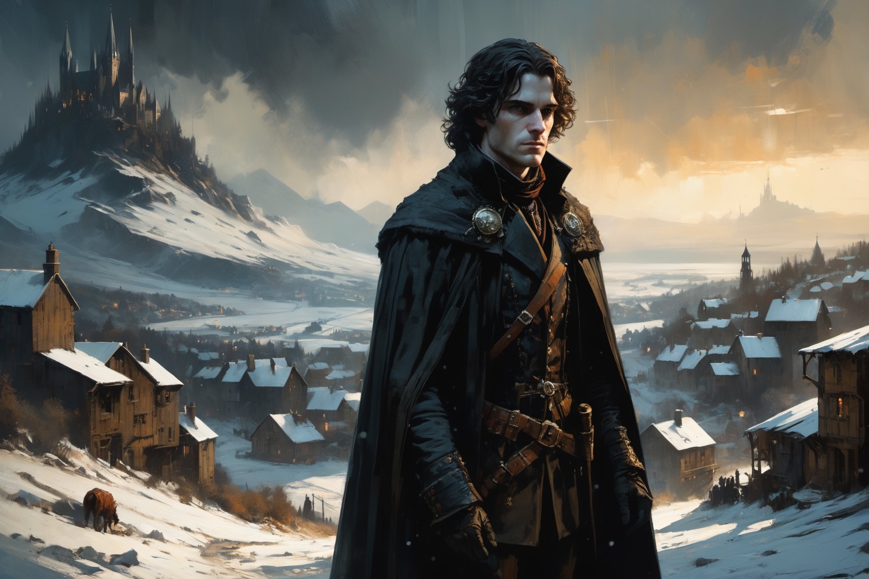 a young male lord, about 18, flowing black hair, brown eyes, skinny, snowy village behind them,  fantasy, medieval ,by Jeremy Mann,Jean Beraud,Andree Wallin,Victor Gabriel Gilbert,Aaron Horkey,shallow depth of field,soft dramatic lighting,Craig Mullins,maximalist,pretty,Ray Tracing,Yoshikata Amano,Edwin Landseer,Ismail Inceoglu,Russ Mills,Victo Ngai,Bella Kotak,intricate filigree,perfect composition,amazing depth,dreamy masterwork by head of prompt engineering,p3rfect boobs,ghost person,cleavage,DonMD3m0nXL,more detail XL