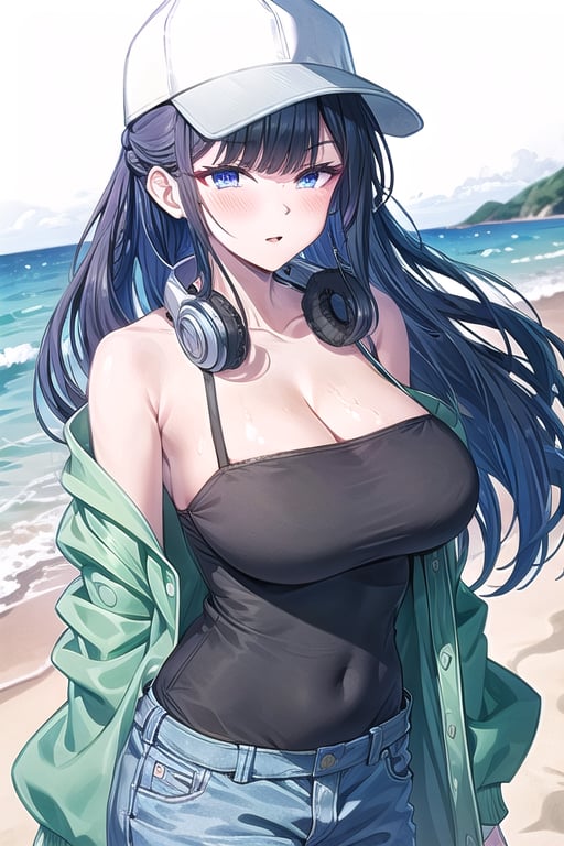 1girl, solo, long_hair, blush, hair_over_one_eye, breasts, braid, looking_at_viewer,large_breasts, collarbone, very_long_hair, white_hair,, parted_lips, nightgown, bare_shoulders, bow, headset on neck, baseball hat, eyes_visible_through_hair, bangs, blue sky, beach, wind wave, denim pants, cowboy_shot, hot_pants, blue eyes, arms_behind_back, green jacket, open cloth,saori summer, white hat, 