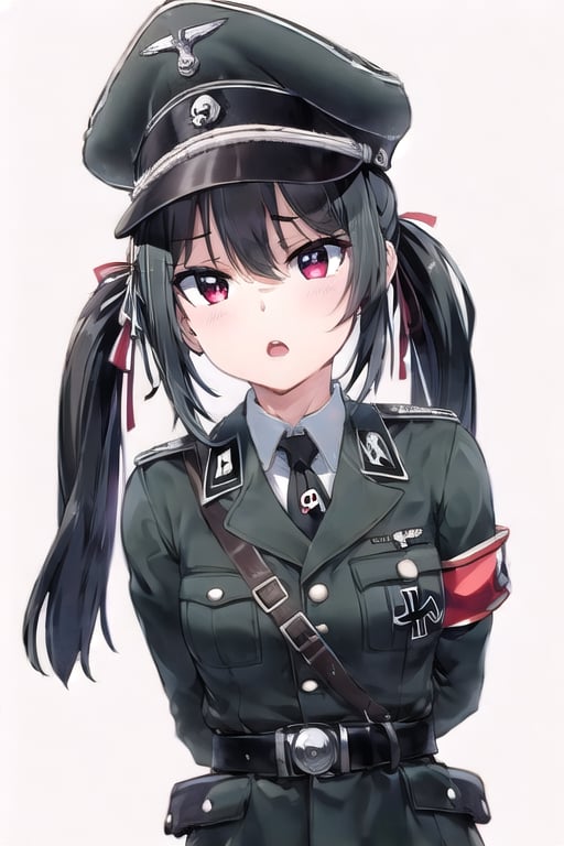 1girl, uniform, solo, military_uniform, armband, arms_behind_back, military_hat, german naz uniform, belt, iron cross, no halo, skull, swastika armband, blue sky, peaked_cap, red_eyes, iron_cross necktie, war, long sleeve, black hair,taihou chan,low twintail,red eyes,cross bangs