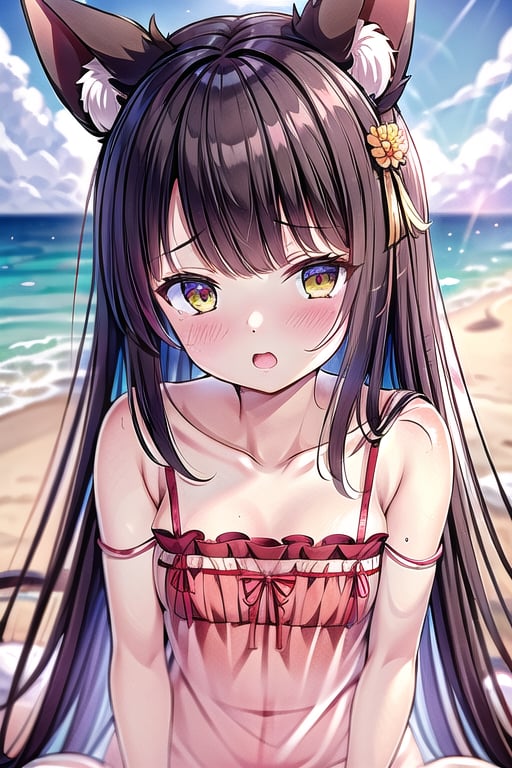 Nagato, brown_hair, petite, loli, see-through, beach,fox_ears, strap_slip,