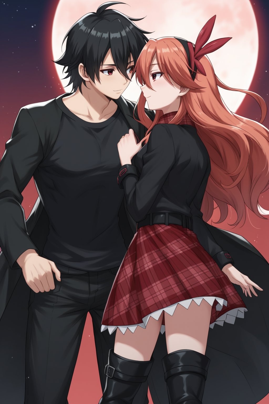 Adult woman, wavy orange hair, red plaid skirt, black thigh-high boots, black t-shirt,score_9,Chelsea, having hugg with a man with black hair, and black shirt, The man with her was red eyes, The man poses in front of the moon with the girl, the man wears a long black coat and has a seductive and gentle expression, the man hugs her around the waist, the man flies in the night sky with her, The man's t-shirt is black, The man has long hair down to his shoulders,romantic_theme, score_8_up,chelsea_akame_ga_kill