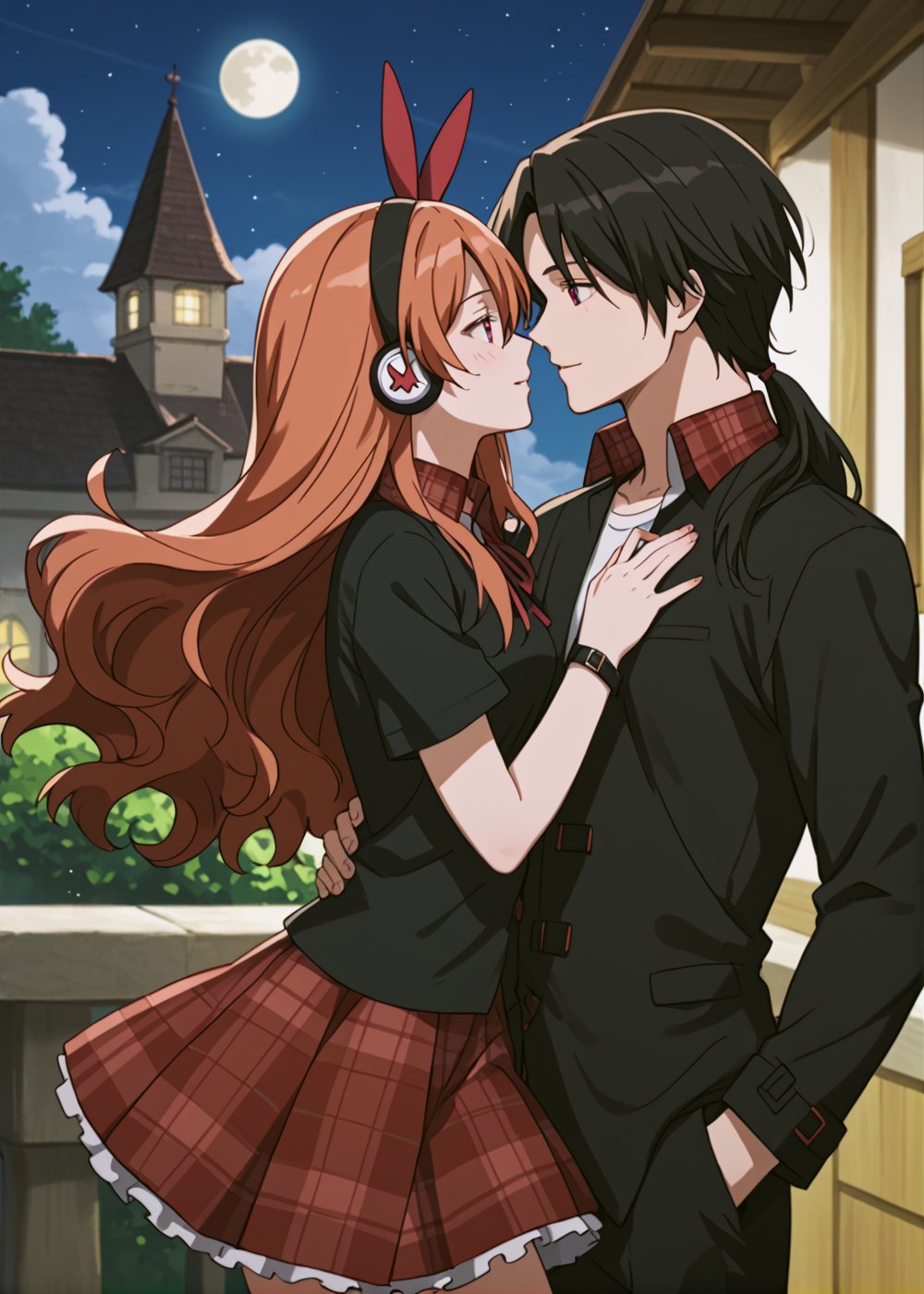 Adult woman, wavy orange hair, red plaid skirt, black thigh-high boots, black t-shirt,score_9,Chelsea, having hugg with a man with black hair, and black shirt, The man with her was red eyes, The man poses in front of the moon with the girl, the man wears a long black coat and has a seductive and gentle expression, the man hugs her around the waist, the man flies in the night sky with her, The man's t-shirt is black, The man has long hair down to his shoulders,romantic_theme, score_8_up,chelsea