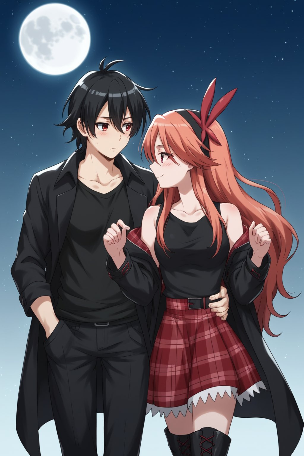 Adult woman, wavy orange hair, red plaid skirt, black thigh-high boots, black t-shirt,score_9,Chelsea, having hugg with a man with black hair, and black shirt, The man with her was red eyes, The man poses in front of the moon with the girl, the man wears a long black coat and has a seductive and gentle expression, the man hugs her around the waist, the man flies in the night sky with her, The man's t-shirt is black, The man has long hair down to his shoulders,romantic_theme, score_8_up,chelsea_akame_ga_kill