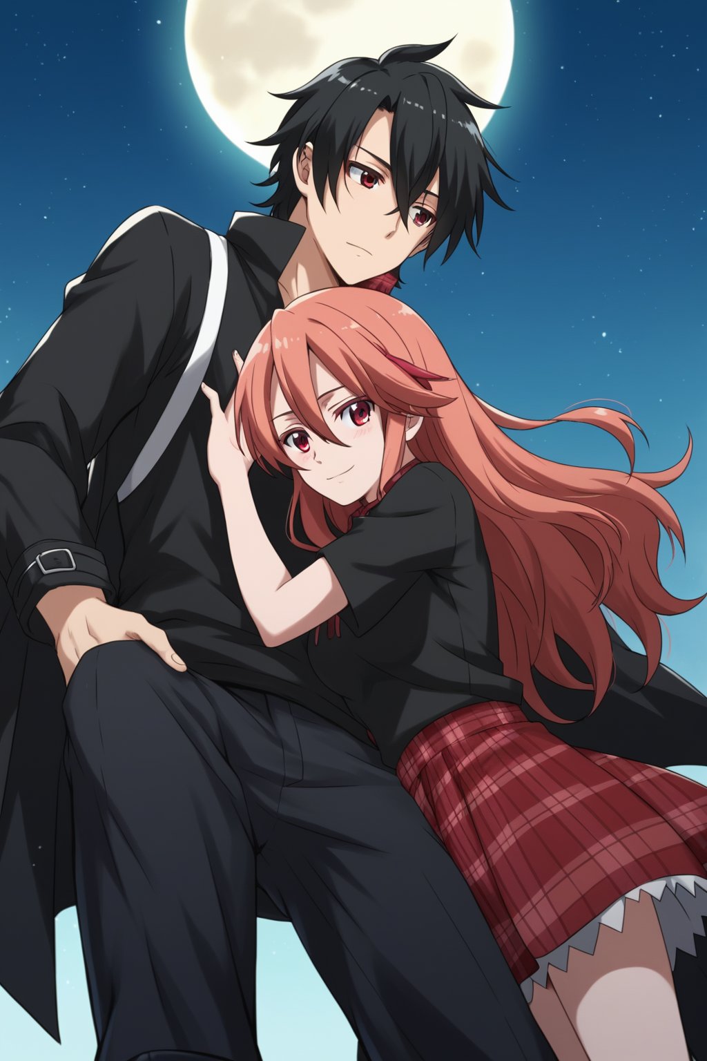 Adult woman, wavy orange hair, red plaid skirt, black thigh-high boots, black t-shirt,score_9,Chelsea, having hugg with a man with black hair, and black shirt, The man with her was red eyes, The man poses in front of the moon with the girl, the man wears a long black coat and has a seductive and gentle expression, the man hugs her around the waist, the man flies in the night sky with her, The man's t-shirt is black, The man has long hair down to his shoulders,romantic_theme, score_8_up,chelsea_akame_ga_kill