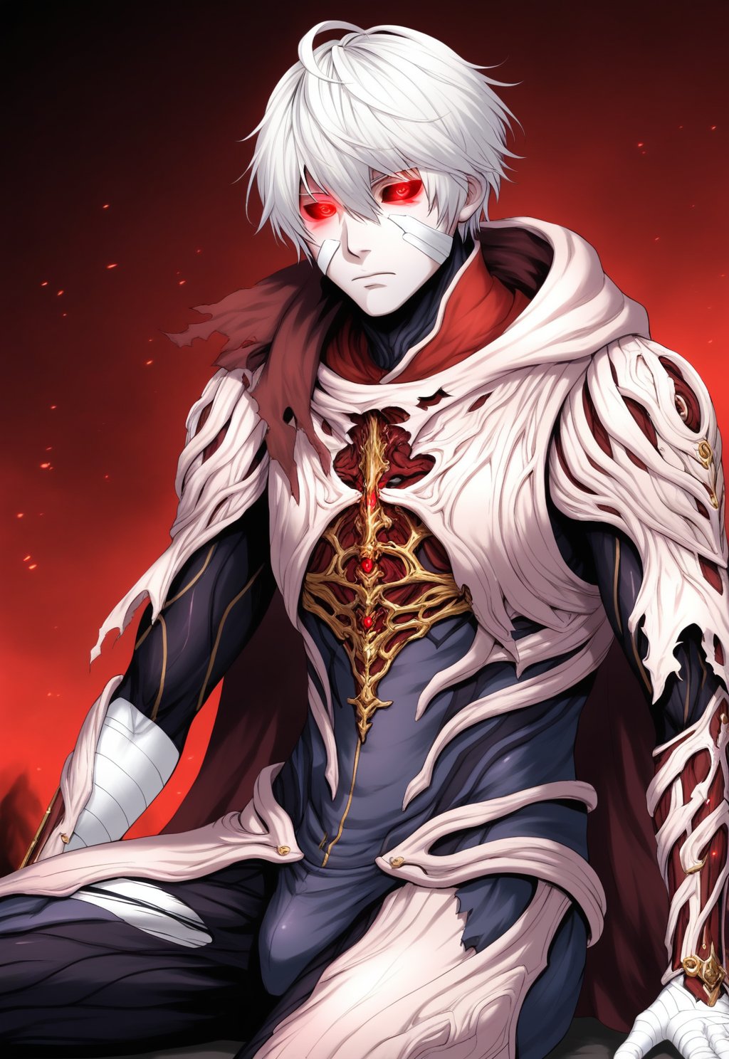 solo, red eyes, 1boy, sitting, closed mouth, white hair, male focus, cape, armor, torn clothes, glowing, bandages, cloak, colored sclera, bandaged arm, WARFRAME