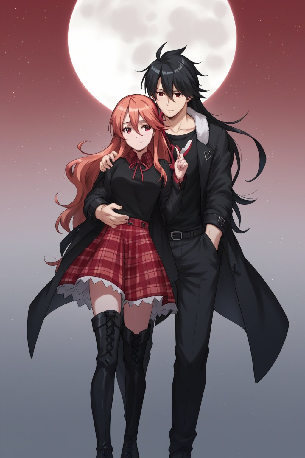 Adult woman, wavy orange hair, red plaid skirt, black thigh-high boots, black t-shirt,score_9,Chelsea, having hugg with a man with black hair, and black shirt, The man with her was red eyes, The man poses in front of the moon with the girl, the man wears a long black coat and has a seductive and gentle expression, the man hugs her around the waist, the man flies in the night sky with her, The man's t-shirt is black, The man has long hair down to his shoulders,romantic_theme, score_8_up,chelsea_akame_ga_kill