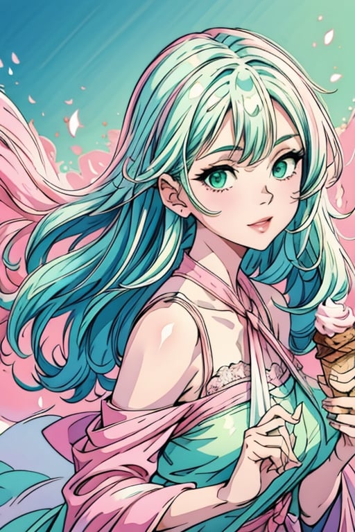 (1cute girl),  wearing eyeglasess,  holding ice cream,  long aqua curly hair,  green eyes,  wearing a beautiful pink lace dress. White skin,  splat art background,  eye_detail,  background_detail,  face_detail,  hair_detail,  more_detail,  add_detail,  adddetailed,  cute_face,  white_skin,  midjourney_style,  midjourney_art,  full_body,  colorful_detail,  watercolor_(artwork),  light_particles, 1girl,1girl