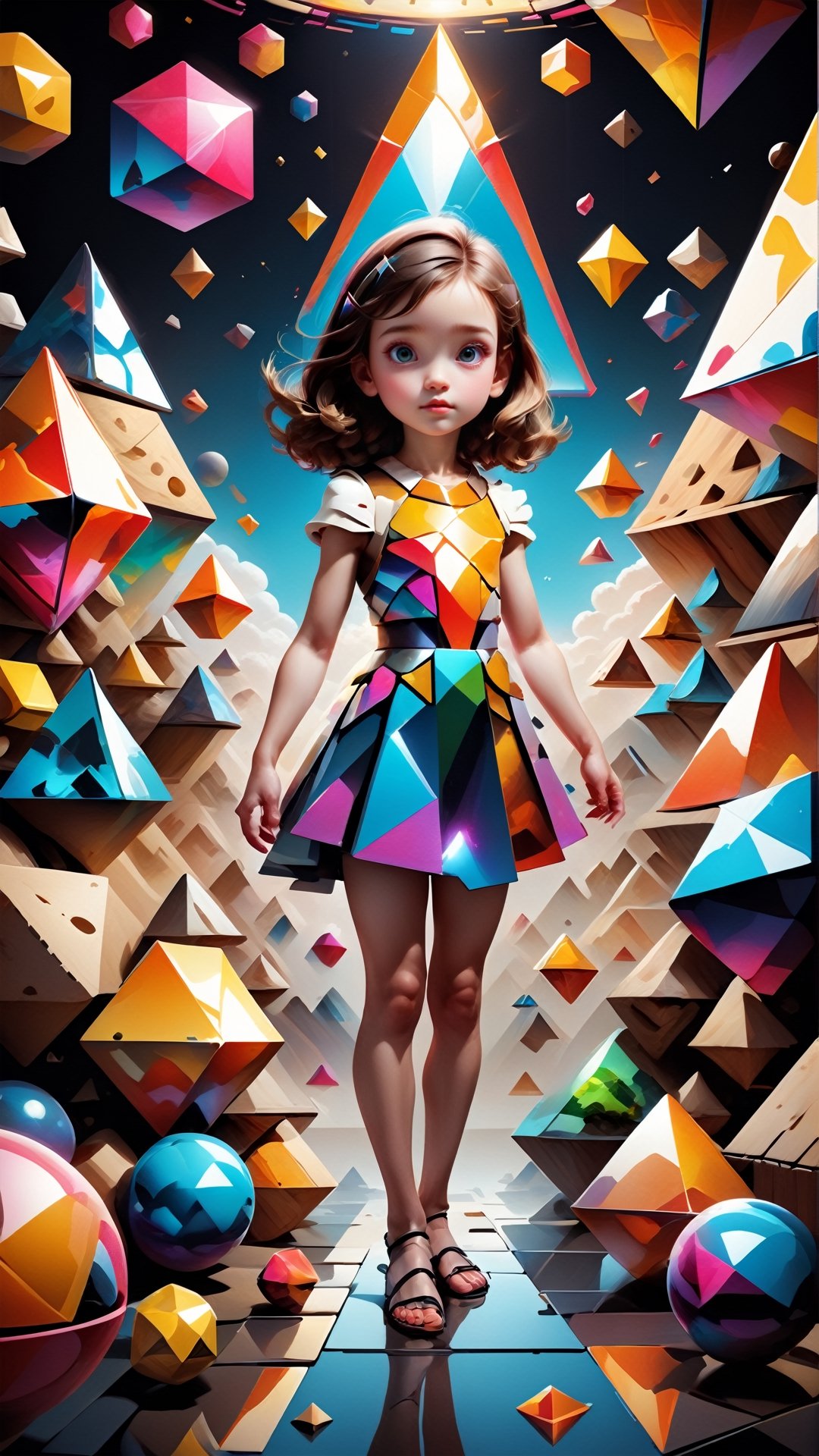 (3D illustration),  best quality, masterpiece, surreal, dreamlike, highly detailed, 1girl, full body, attractive, centered, stands amidst geometric shapes, (multicolor shapes: cubes, prisms, cylinders, cones, spheres, pyramids), each shape reflecting and refracting the light in unique ways, creating an infinite regress, floating serenely in the air, mirror, aw0k style,aw0k geometry,detailmaster2, 3D Render Style,3DRenderAF