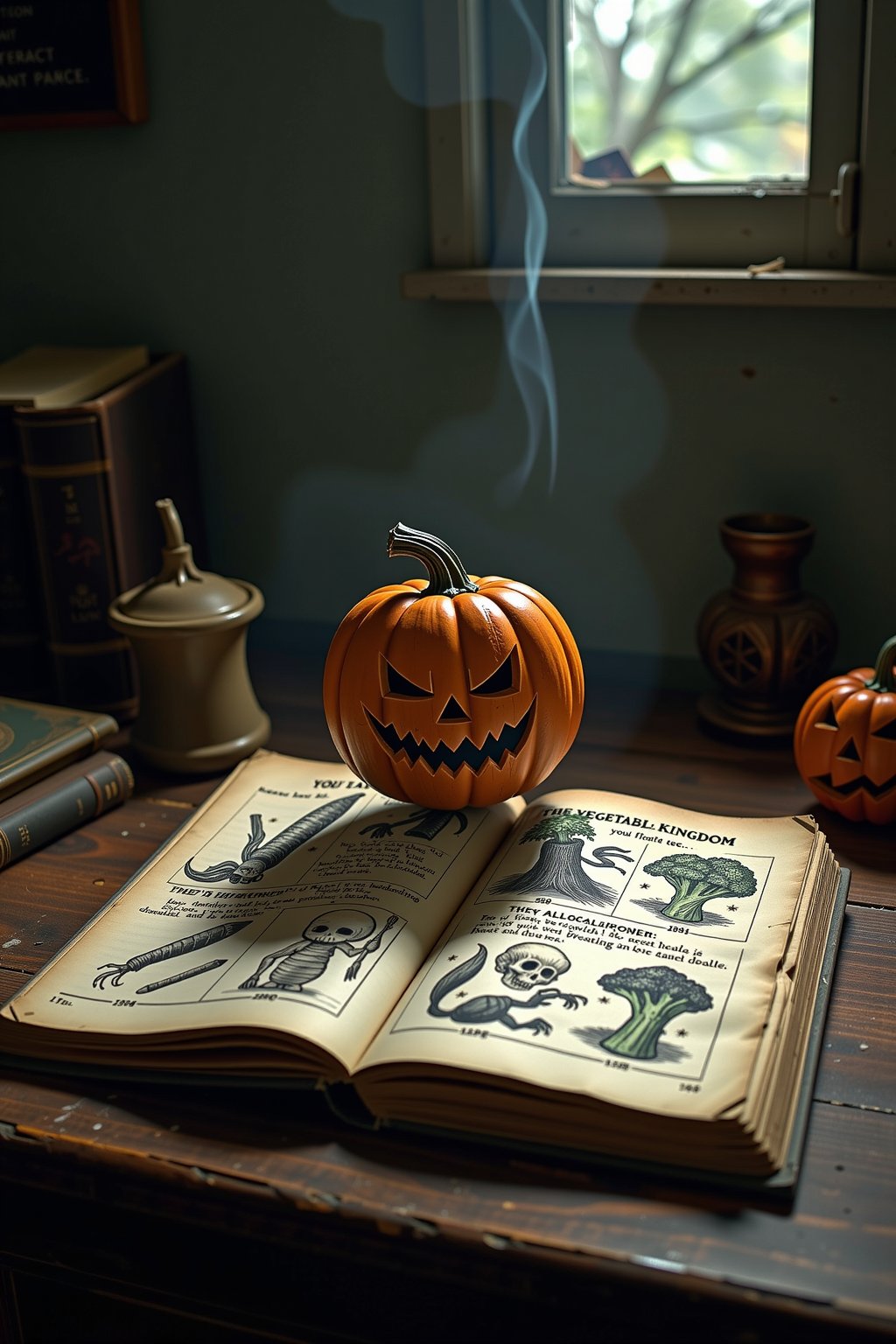 PUMPKIN, A tattered, old textbook, filled with faded, illustrations of various vegetables, lies open, on a dusty, wooden desk, with a faint, flickering light, casting eerie, shadows on the walls, and a 3D effect, pumpkin, suddenly, and menacingly, appears, popping out, of the page, with a twisted, and sinister, expression, as if to say, "You'll float too...", with the camera, a Canon EOS 5D, set to capture the horror, and dread, of the moment, with a 50mm lens, and a narrow aperture, to create a sense of depth, and foreboding, in a dark, and terrifying, scene, with the textbook, titled "The Vegetable Kingdom", and the pumpkin, surrounded, by other, twisted, and grotesque, illustrations, such as a carrot, with a screaming face, and broccoli, with grasping, fingers, and the sound, of distant, thunder, and the feeling, of fear, and unease, as the pumpkin, begins to whisper, a haunting, and malevolent, phrase, "They all float down here...", in a chilling, and unforgettable, horror experience, inspired by the twisted, and terrifying, world of Stephen King's IT.