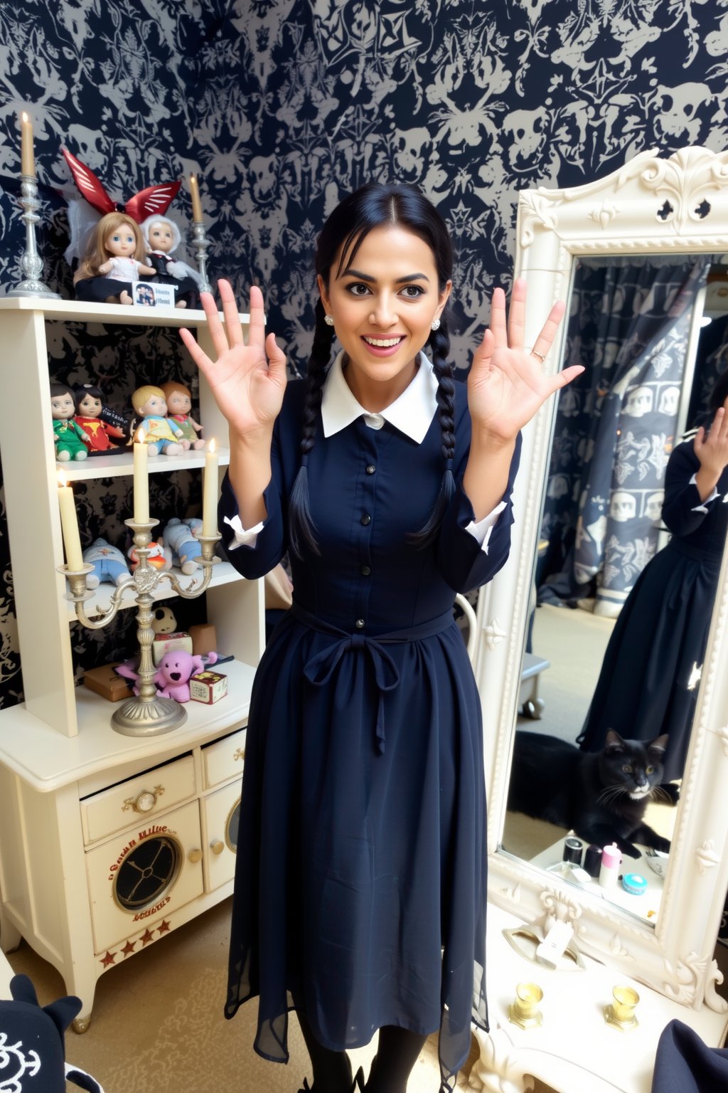 HALLOWEEN COSTUME, 39 yo ShrSri a woman, award winning cosplay, 

In her dimly lit room, Wednesday Addams strikes a playful pose, ready to photobomb with a funky face expression. The walls are adorned with dark, vintage wallpaper, featuring intricate patterns of skulls and cobwebs. A collection of eerie dolls sits on a shelf, their glassy eyes watching her every move. 

Wednesday wears her signature black dress, cinched at the waist, with a crisp white collar that contrasts sharply against the darkness. Her raven-black braids hang low, framing her pale face, which is now animated with a mischievous grin and exaggerated wide eyes. 

The room is cluttered with gothic decor: a candelabra flickers softly on a nearby table, and a black cat lounges lazily in the corner. A vintage mirror reflects her quirky expression, capturing the essence of her playful spirit. In this moment, she embodies both the charm and darkness of her iconic character, ready to steal the spotlight.