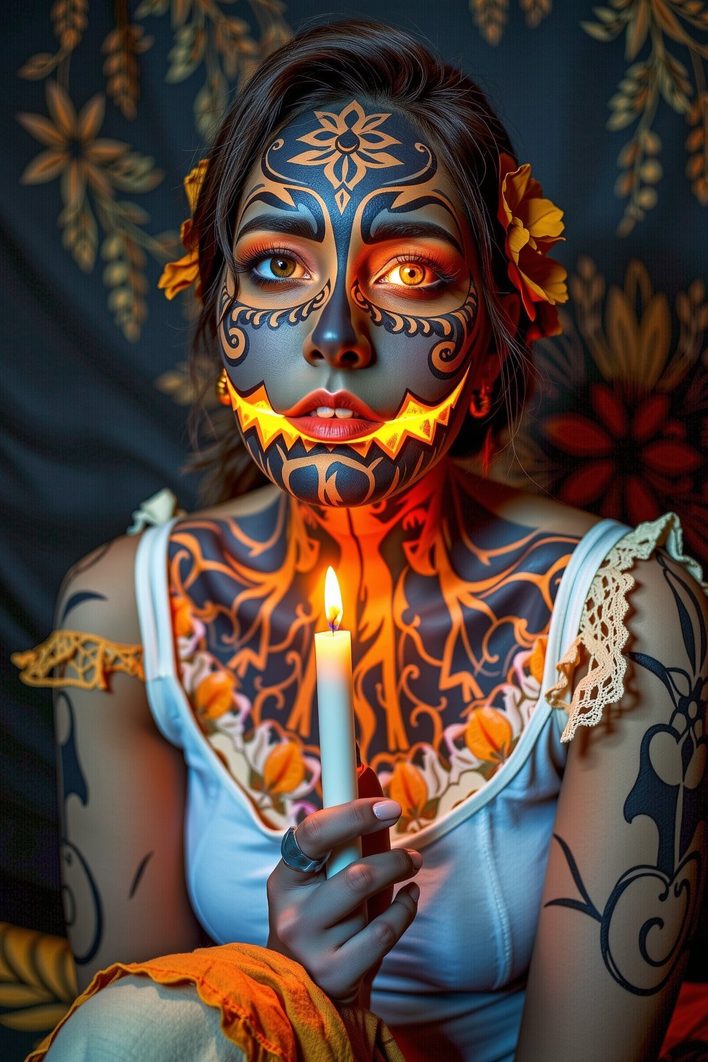 HALLOWEEN MAKEUP, RaaKa women sits still. Intricate pumpkin makeup applied. Delicate lines and curves carved. Candle within her mouth glows. Soft, warm light illuminates face. Glowing eyes shine like embers. Nose aglow, as if lit. Canon EOS 5D Mark IV camera captures image. Lens set to 100mm f/2.8. ISO 400, shutter speed 1/125s. Moody, warm lighting. Inspired by the art of body painting. Makeup artist's skilled hands crafted design. Glowing eyes, a window to soul. Candle's flame