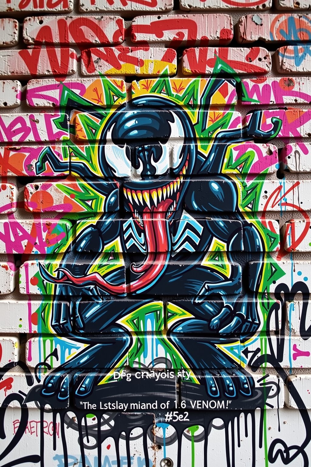 VENOM, On a weathered brick wall, the Venom character explodes in vibrant colors. Crayon strokes create a playful yet fierce depiction. Bold blacks and deep greens swirl together, capturing his chaotic essence. Graffiti tags surround him, adding an urban edge. The character's exaggerated features pop with energy. Drips and splatters enhance the raw, street art vibe. The background is a riot of colors, blending seamlessly. Shadows add depth, making him appear almost three-dimensional. This fusion of crayon and graffiti is strikingly unique. The overall composition embodies the spirit of rebellion and creativity. Venom stands as a powerful symbol of artistic expression.