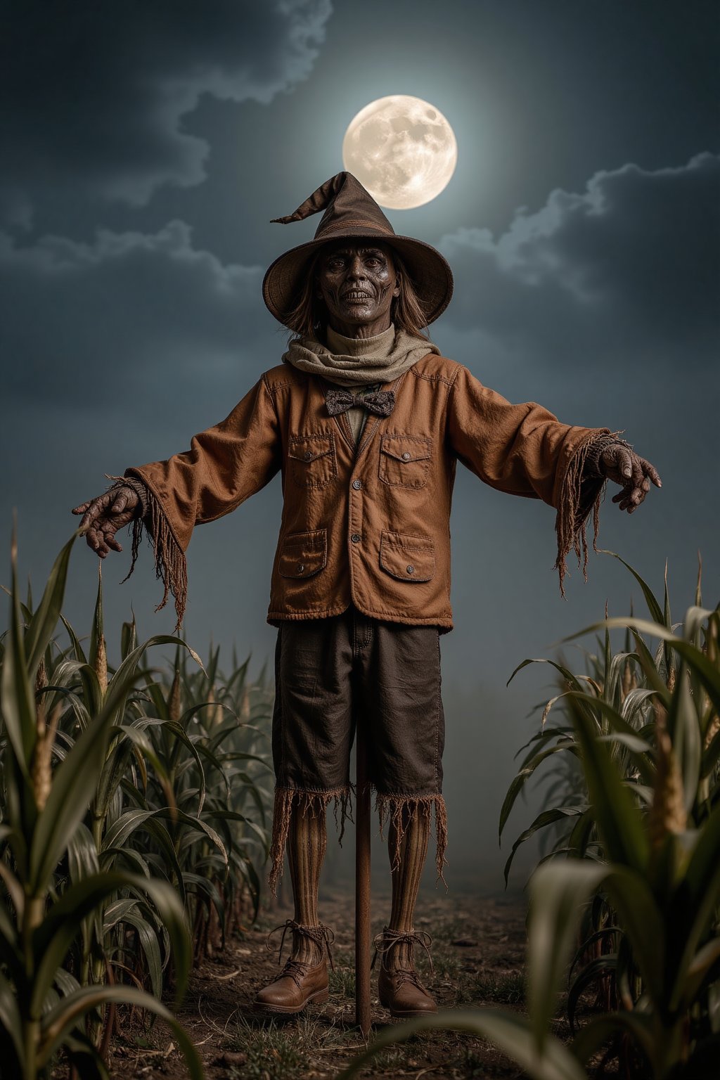 SCARECROW, A creepy scarecrow looms ominously. Its tattered clothes flutter eerily. Dark, twisted cornfields surround it. Moonlight casts haunting shadows. Fog creeps along the ground. The air feels thick and tense. A chilling breeze whispers secrets. Capture this with a Canon EOS 5D Mark IV. Use a 50mm lens at f/1.8. Set ISO to 800 for detail. Adjust shutter speed to 1/60 seconds. Inspired by Edward Gorey’s eerie style. The atmosphere is unsettling yet captivating. Perfect for a Halloween night scene.