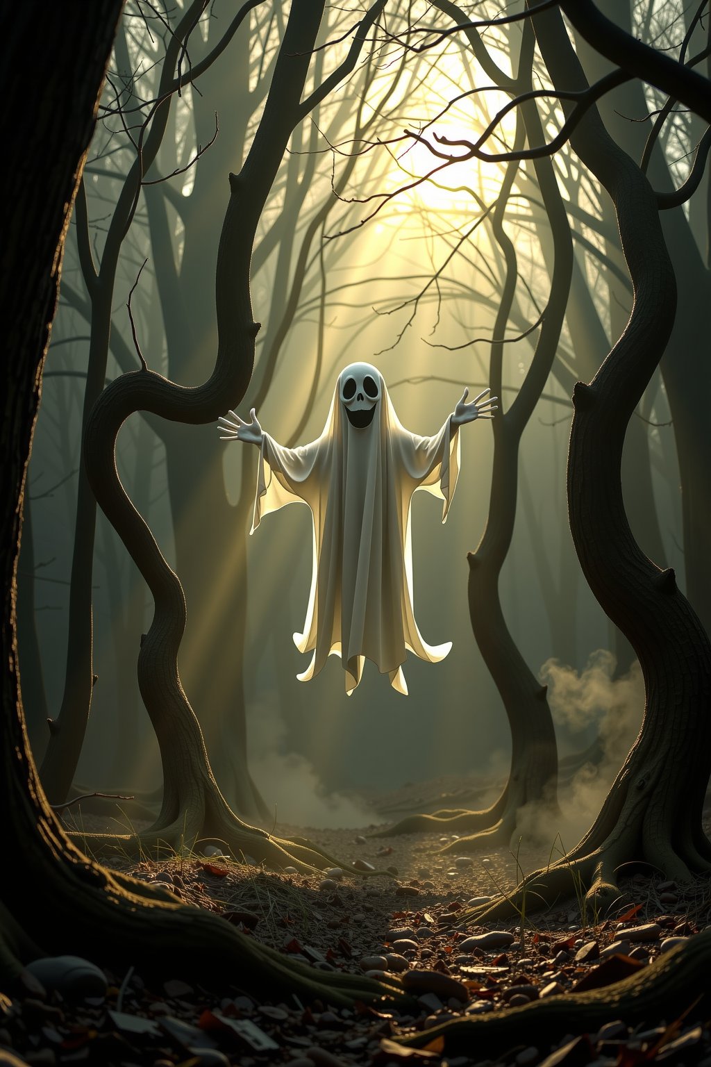 PHANTOM, A mischievous phantom appears suddenly, inspired by Tim Burton's whimsical style. In a dimly lit, eerie forest, fog swirls around twisted trees, reminiscent of Edgar Allan Poe's haunting tales. A Canon EOS 5D Mark IV camera captures the scene, with a 24-70mm lens, f/2.8 aperture, and ISO 400. Soft, golden light filters through the mist, casting an ethereal glow, evoking the works of artist Zdzisław Beksiński. The phantom's ghostly form is illuminated, its playful expression and outstretched arms frozen in mid-air, as if caught in a moment of mischievous glee, à la cartoonist Charles Addams.