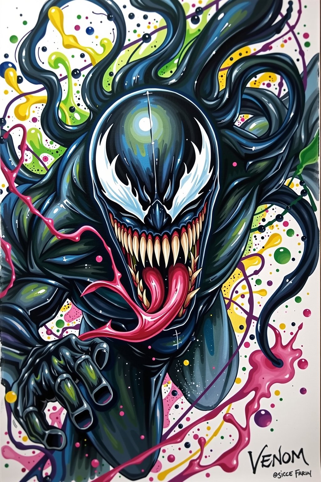 VENOM, In a vibrant, swirling canvas, the Venom character emerges dramatically. Dark tendrils flow like liquid shadows. Vivid splashes of black and green intertwine. The background is a chaotic blend of colors. Hints of white highlight his menacing grin. The watercolors create a fluid, dynamic effect. Each brushstroke captures raw energy. The ambience is intense and captivating. The character seems to leap off the page. Soft washes blend seamlessly into bold strokes. This artistic interpretation is both haunting and beautiful. The overall composition evokes a sense of power and chaos.