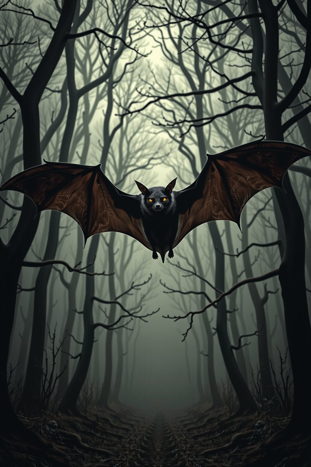 BAT, A menacing bat looms ominously. Its eyes glow with intensity. The setting is a dark forest. Gnarled trees reach for the sky. Fog creeps along the ground. The ambience is eerie and tense. A DSLR Sony A7 III captures this. Use a 24mm lens for drama. Set aperture to f/2.0 for focus. ISO at 1600 to capture details. Shadows deepen in the background. Artist H.R. Giger inspires this scene. The bat's wings spread wide. A chilling encounter unfolds in darkness. A haunting moment frozen in time.