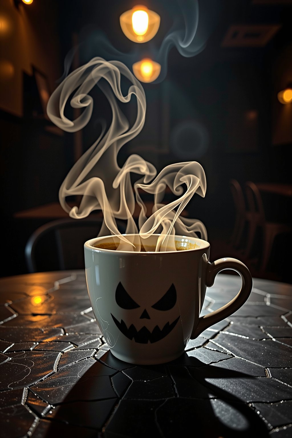 CREEPY, A creepy coffee cup steams ominously. Hot coffee swirls, forming ghostly faces. The setting is a shadowy café. Dim lights flicker above, casting unease. Dust motes dance in the air. A Canon EOS 5D Mark IV captures this. ISO 1600 enhances the steam's glow. Aperture f/2.8 blurs the eerie background. The ambience feels hauntingly intimate. Tim Burton’s style inspires the scene. Shadows stretch across the table. The ghostly visage seems to whisper. A chill runs through the air. The cup’s cracked surface adds character. This moment captures a spectral brew.