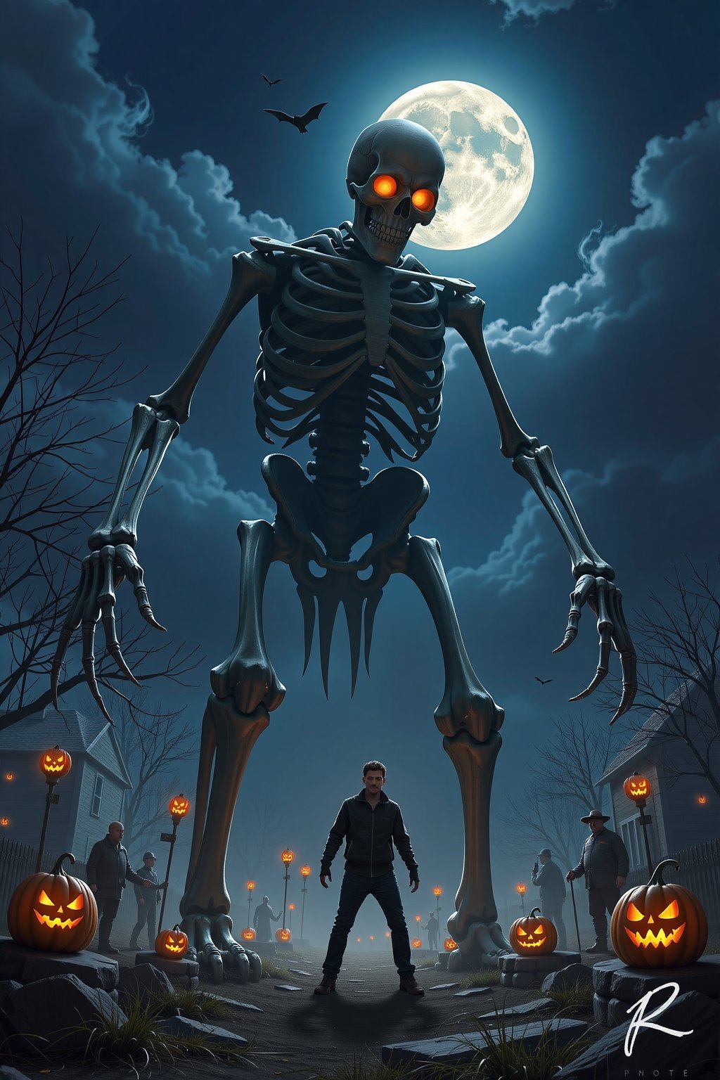 SKELETON, In a nightmarish Halloween scene, a towering, monstrous skeleton looms over a terrified human, its bony limbs casting ominous shadows across the dimly lit battlefield. The size difference between the two is staggering, with the skeleton standing several feet taller, its gargantuan frame dwarfing the human's fragile form.

The human, eyes wide with fear, stands their ground, bracing for the inevitable clash. The air is thick with tension, the only sound the eerie creaking of the skeleton's movements as it slowly advances, its hollow eye sockets glowing with a malevolent light.

The camera, set to a low angle on a DSLR, captures the scene with a sense of dread and foreboding. Pumpkin lanterns flicker in the background, casting an ominous glow over the scene, while a full moon hangs ominously in the sky, casting an ethereal light over the proceedings.

Ghostly figures and swirling mists add to the Halloween atmosphere, creating a sense of unease and unnatural dread. The human's expression is one of pure terror, while the skeleton's towering presence exudes a sense of unstoppable power and malevolence.

Signed by the artist 'R' in the bottom right corner, this chilling scene blends the macabre with the captivating, inviting the viewer to step into a world where the boundaries between the living and the dead are shattered, and the forces of darkness reign supreme.