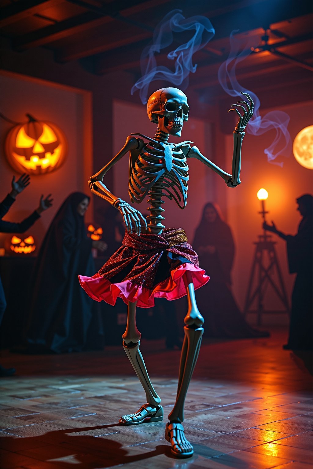 SKELETON, In a dreamlike Halloween scene, a skeleton sways and twists, its bony limbs moving with the rhythm of a lively salsa samba dance. Adorned in a vibrant, sequined costume, the skeleton's movements are fluid and captivating, defying the constraints of its skeletal form.

The dimly lit dance floor is bathed in a warm, amber glow, creating an intimate and atmospheric ambiance. Shadows flicker and dance across the walls, adding to the otherworldly, Halloween-esque vibe. The camera, set to a wide aperture on a DSLR, captures the skeleton's mesmerizing performance from a low angle, emphasizing its graceful, almost supernatural, movements.

Ghostly figures, pumpkin lanterns, and a full moon in the background set the spooky Halloween tone, while the skeleton's energetic salsa samba dance commands the viewer's attention. Signed by the artist 'R' in the bottom right corner, this captivating scene blends the macabre with the captivating, inviting the viewer to step into a world where the boundaries between the living and the dead are blurred.