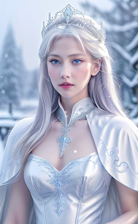 Photorealistic image ((Masterpiece)), ((High quality)) UHD 8K, of a beautiful girl Realistic, Thin, tall, (Medium chest), (Skinny waist), (Long, snow-white hair), (Intense blue eyes , shiny), ((ice princess crown)), ((princess dress with neckline and snow-white cape, intricate details, runic symbols)), ultra-realistic full body, photo realistic, natural lighting, professional DSLR camera