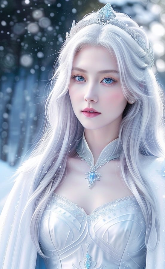 Photorealistic image ((Masterpiece)), ((High quality)) UHD 8K, of a beautiful girl Realistic, Thin, tall, (Medium chest), (Skinny waist), (Long, snow-white hair), (Intense blue eyes , shiny), ((ice princess crown)), ((princess dress with neckline and snow-white cape, intricate details, runic symbols)), ultra-realistic full body, photo realistic, natural lighting, professional DSLR camera