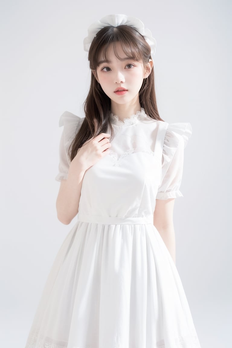 1girl, maid_dress, blush,iu,1 girl,jennie,jennie blackpink, ((((only wear white maid_dress)))), simple background