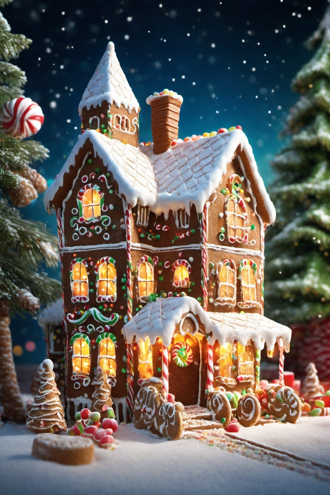 super high quality, 8k, RAW photo, realistic, detailed and delicate depiction and flashy and dynamic painting method, Gingerbread street, detailed and intricate candy house, full of sugar and treats, sugary chimney, candy door, chocolates grass, Christmas theme, gourmet magic, complex_background, detailed, intricate,food 