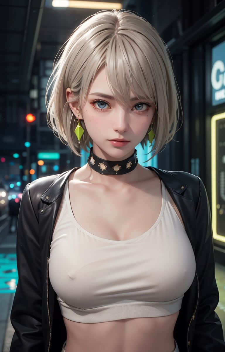 (Masterpiece, Best Quality, 1 Girl, Solo, Intricate Details, Chromatic Aberration, Realistic,) :1.4), yellow eyes, earrings, sharp eyes, choker, neon shirt, open jacket, crop top, (symmetrical eyes), (perfect symmetrical body), live house entrance, look at the viewer, 2b,beautylegs,school uniform ,CyberBlueMoon,lvdress