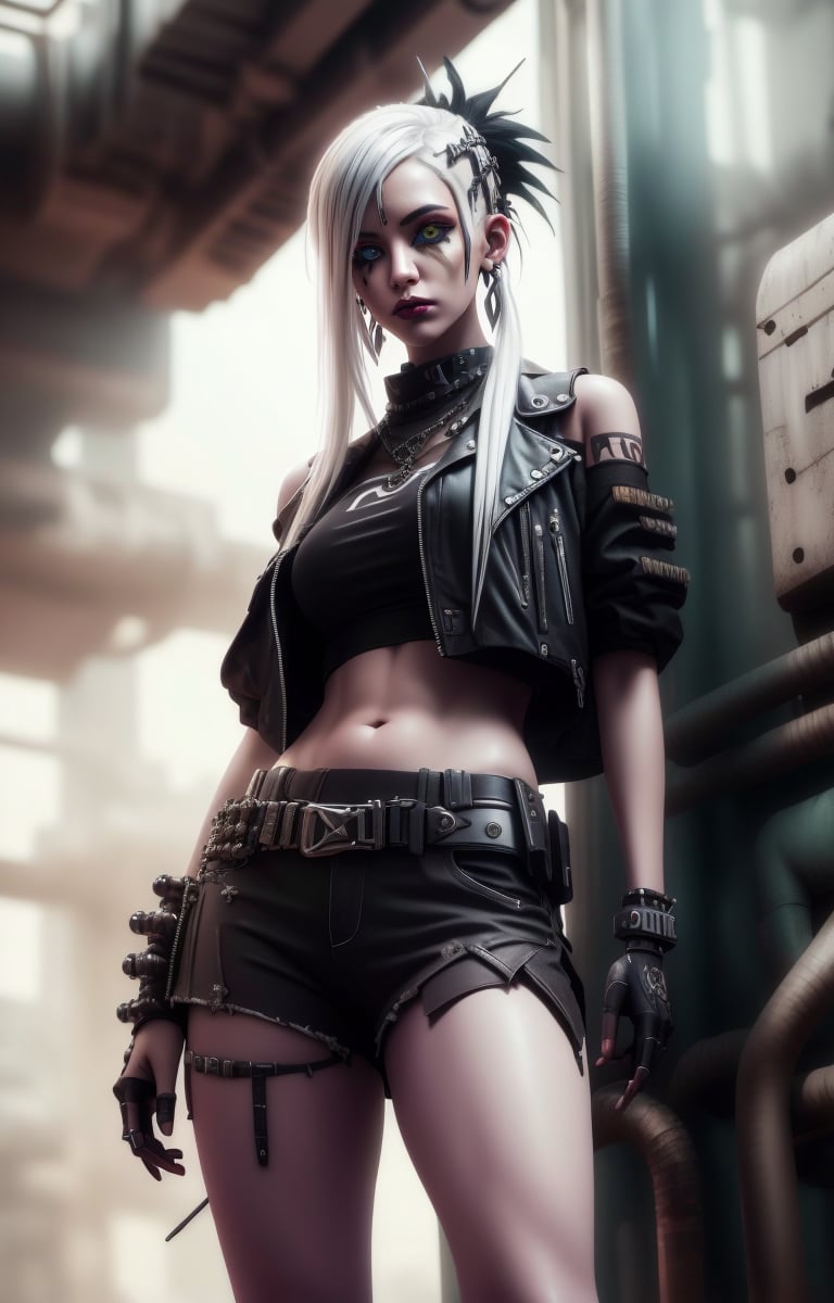 (Masterpiece, Best Quality, 1 Girl, Solo, Intricate Details, Chromatic Aberration), Real,, 2bTheEmpireStyle, White, White Cyborg Fashion Shot, Punk Warrior, ((Sigh)), (Sad Smile: 0.6), Long Hair, Black Hair , white headdress, pearl highlights, hair on one eye, yellow eyes, earrings, sharp eyes, , (symmetrical eyes), (perfectly symmetrical body), by the wall, fractal decoration staring at the viewer, Unreal Engine, ArtStation In trend, high-tech plastic,TheEmpireStyle,Maria