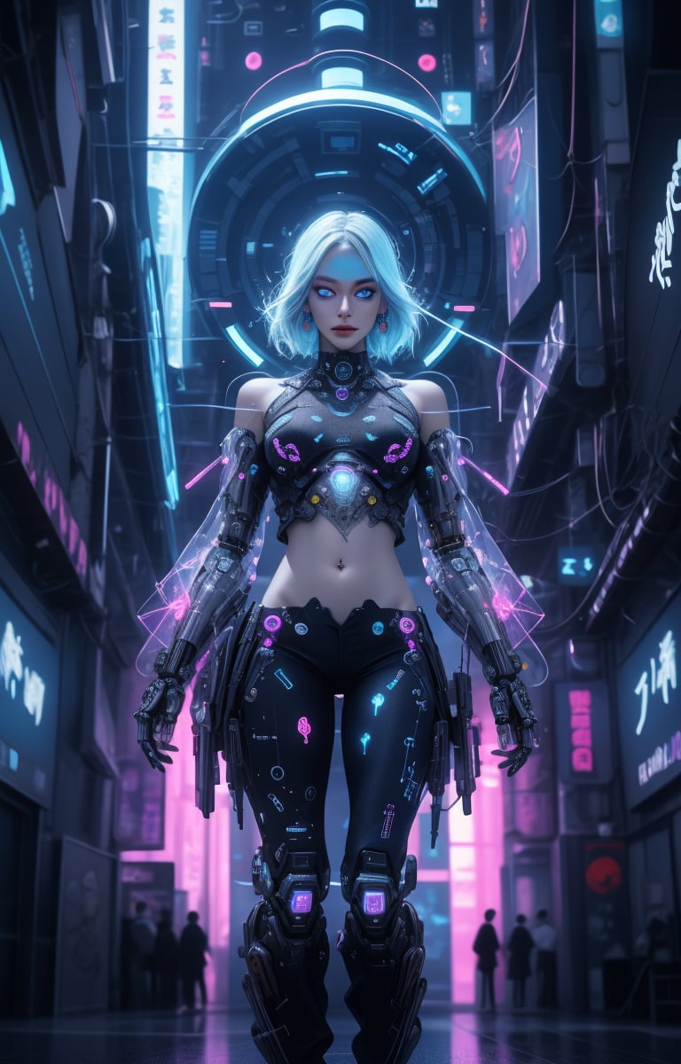 futuristic, mechanical, high tech, black and white grey, metallic, streamlined, complex structure, intricate details, geometric shapes, neon colors, electronic sounds, digital elements, abstract graphics, web, data interaction, virtual reality (skin glow), (highly detailed skin with visible pores), (luxurious decoration: 1.2), (colored eyes: 1.3), pretty. beautiful face. masterpiece, (((((best work of art))))), award winning work, award winning piece, intricate details, attention to detail, futuristic city, full body, futuristic cyber model, cinematic effects, cinematic feeling, surrealism, award winning portrait, realistic design for photo quality, (ultra high resolution, highest quality, reality), complex composition, jiyon,Jiyoung,Japan Hime_cut style,Translucent,Transparent,Cyberpunk