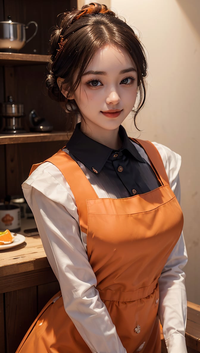 ((highest quality, 8k, masterpiece)), Super detailed, Sharp focus, One beautiful woman, ((Deep orange Polar Apron:1.4)), (Updo:1.4), (Simple collared shirt:1.4), Highly detailed face and skin texture, ((Fine grain)), ((Beautiful dark eyes:1.4)), (smile:1.15), (Mouth closed), Cafe,cute girl