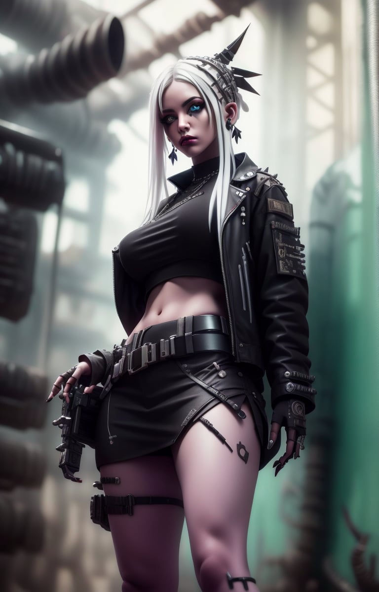 (Masterpiece, Best Quality, 1 Girl, Solo, Intricate Details, Chromatic Aberration), Real,, 2bTheEmpireStyle, White, White Cyborg Fashion Shot, Punk Warrior, ((Sigh)), (Sad Smile: 0.6), Long Hair, Black Hair , white headdress, pearl highlights, hair on one eye, yellow eyes, earrings, sharp eyes, , (symmetrical eyes), (perfectly symmetrical body), by the wall, fractal decoration staring at the viewer, Unreal Engine, ArtStation In trend, high-tech plastic,TheEmpireStyle,Maria