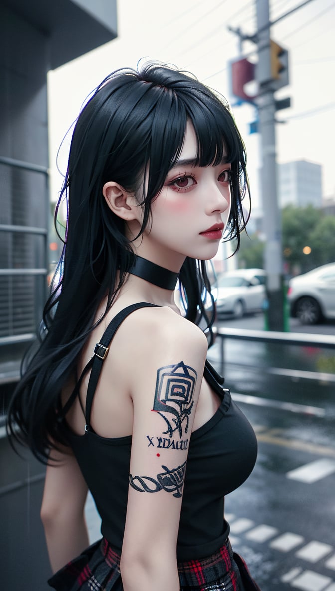 1girl,shaded face,upper body,,punk,black shirt,choker,tattoo,bangs,in the dark,under the eaves,rain,rainy day,plaid skirt,multicolored hair,thigh boots,black lips,hypnoLora,empty eyes,against wall,,dark theme,night,lamppost,wind,floating hair,from side,looking back, Asian women's face,model,skin,White