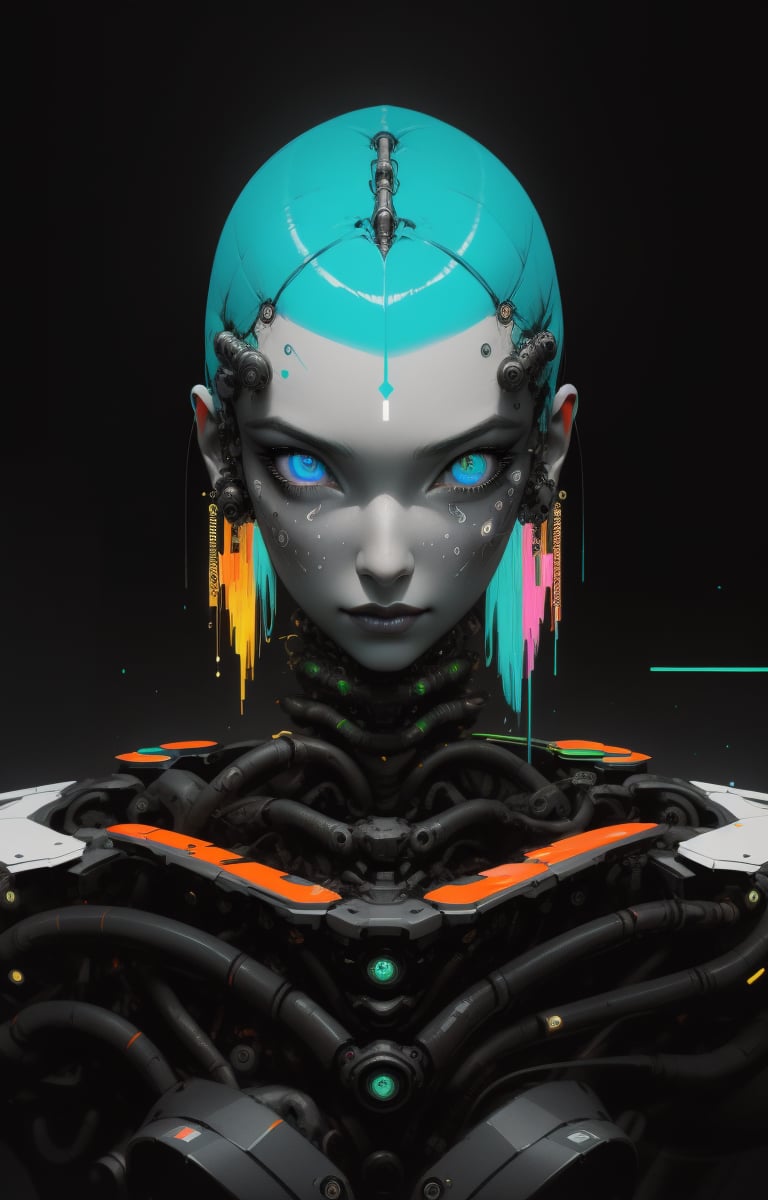 (Ultra-high resolution, highest quality, reality), futuristic, mechanical, high-tech, black and white grey, metallic, streamlined, complex structure, exquisite details, geometric shapes, neon colors, electronic sounds, digital elements, abstract graphics, web, data interaction, virtual reality (glowing skin), (highly detailed skin with visible pores), (luxurious decoration: 1.2), (colored eyes: 1.3), pretty. beautiful face. masterpiece, exquisite details, attention to detail, surrealism, award-winning portrait, realistic design for photo quality, intricate composition,NDP