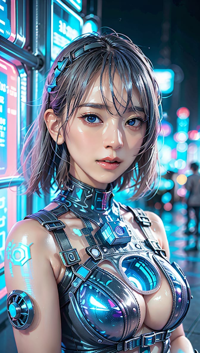 masterpiece, best quality, raw photo, realistic, destroyed, photo of broken humanoid cyborg woman, human face, beautiful synthetic human body, intricate lines and patterns decorate her body, silver hair, orange cyborg outfit, surrounded by neon blue mist, sleek futuristic look, distress, violent death, helpless, inside spaceship, (glowing galaxy view from window :1.2), sterile, portrait photography, cinematic, light blue and white color scheme, 8k, raw photo, best quality, ultra high resolution, intricate, photorealistic, masterpiece, ultra detailed, crisp and vibrant lighting, translucent, transparent, cyberpunk,1 GIRL