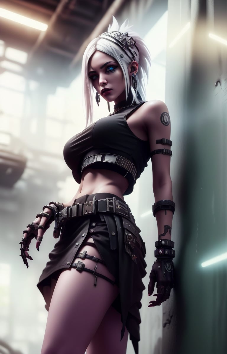 (Masterpiece, Best Quality, 1 Girl, Solo, Intricate Details, Chromatic Aberration), Real,, 2bTheEmpireStyle, White, White Cyborg Fashion Shot, Punk Warrior, ((Sigh)), (Sad Smile: 0.6), Long Hair, Black Hair , white headdress, pearl highlights, hair on one eye, yellow eyes, earrings, sharp eyes, , (symmetrical eyes), (perfectly symmetrical body), by the wall, fractal decoration staring at the viewer, Unreal Engine, ArtStation In trend, high-tech plastic,TheEmpireStyle,Maria