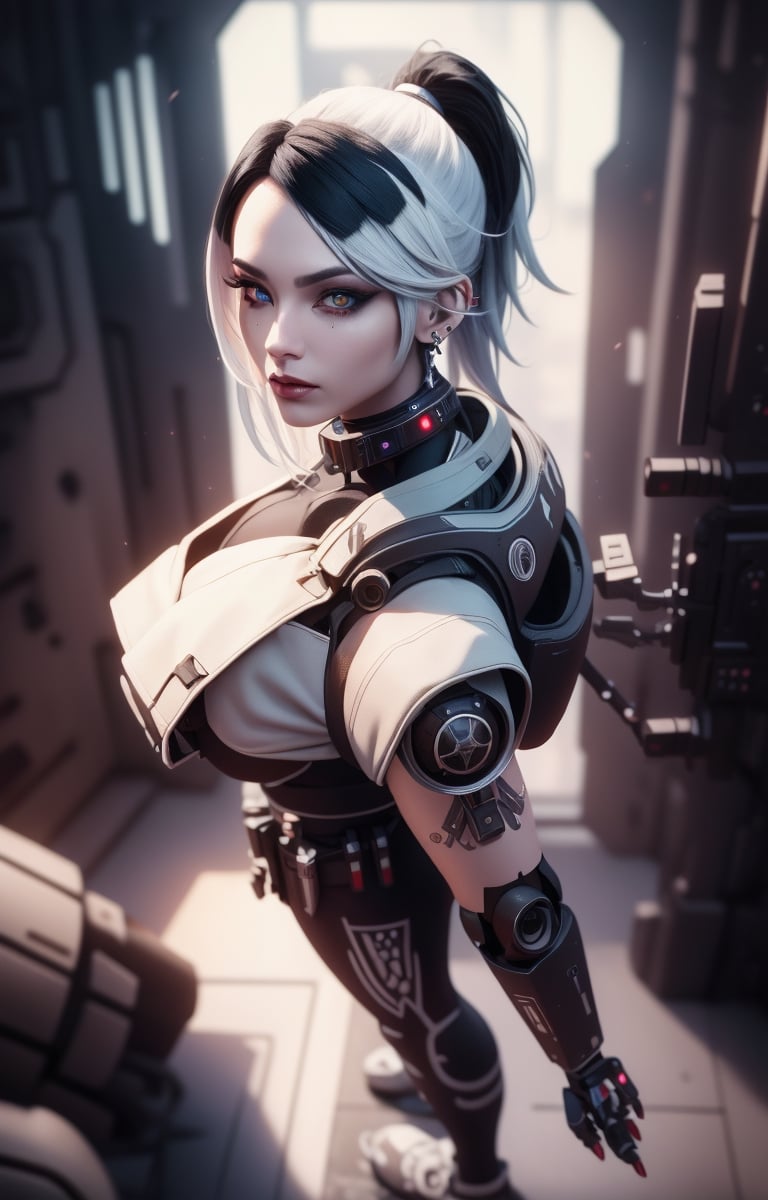 (Masterpiece, Best Quality, 1 Girl, Solo, Intricate Details, Chromatic Aberration), Real,, 2bTheEmpireStyle, White, White Cyborg Fashion Shot, Punk Warrior, ((Sigh)), (Sad Smile: 0.6), Long Hair, Black Hair , white headdress, pearl highlights, hair on one eye, yellow eyes, earrings, sharp eyes, , (symmetrical eyes), (perfectly symmetrical body), by the wall, fractal decoration staring at the viewer, Unreal Engine, ArtStation In trend, high-tech plastic,TheEmpireStyle