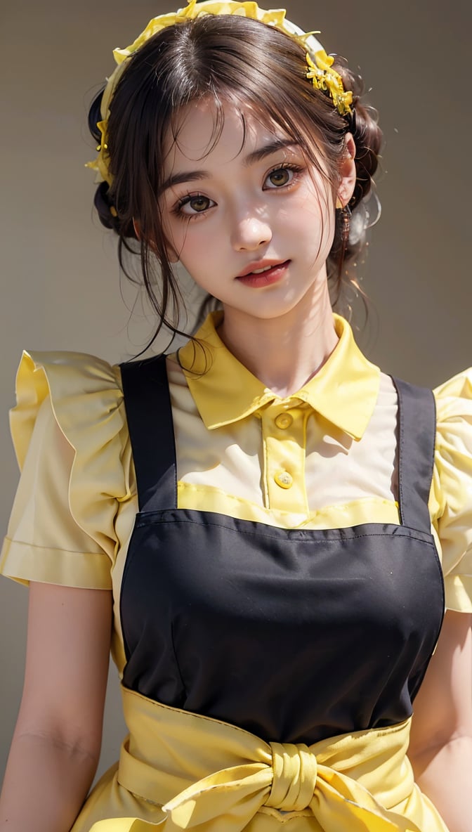 ((highest quality, 8k, masterpiece)), Super detailed, Sharp focus, One beautiful woman, ((Lemon Yellow Polar Apron:1.4)), (Updo:1.4), (Simple collared shirt:1.4), Highly detailed face and skin texture, ((Fine grain)), ((Beautiful dark eyes:1.4)), (smile:1.15), (Mouth closed), Cafe,cute girl