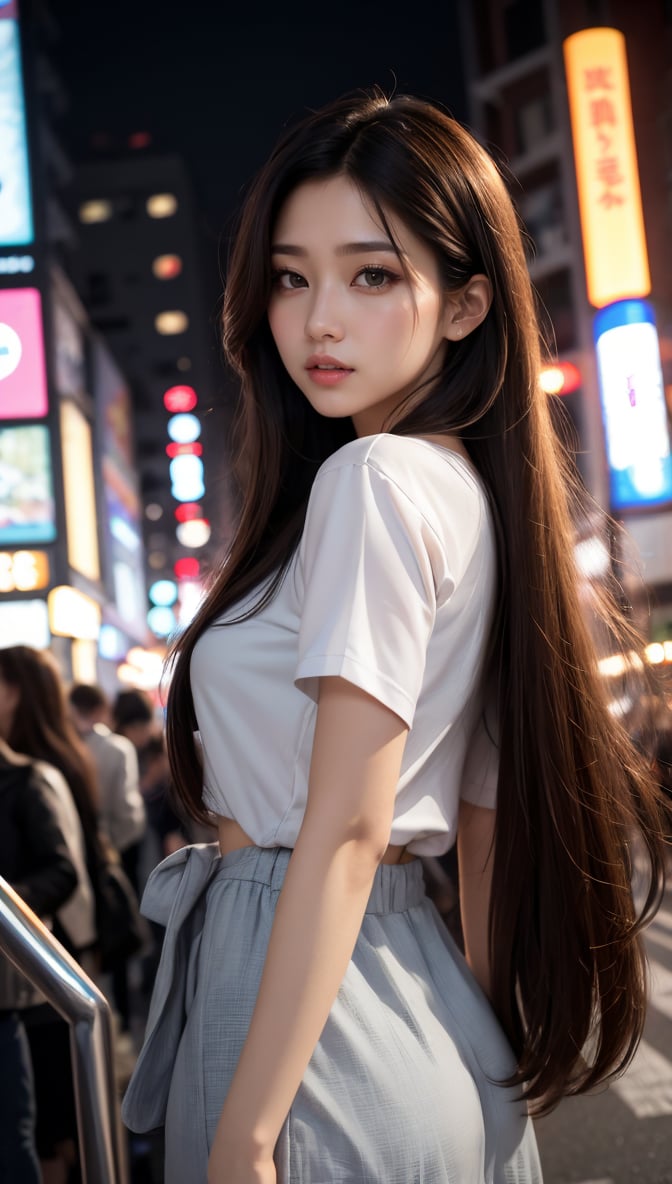 Masterpiece, high-definition viewer, JPNIODL's beautiful model, beautiful brown semi-long hair, amazing high resolution, wide-angle lens, 14mm lens, low angle, low-angle shot, detailed eyes, Harajuku, Takeshita Street, slope, cityscape at dusk, Adds 8K high resolution, instant poses, detailed backgrounds, Casual fashion, Tyndall effect, backlighting, hair detailing, detailed face, detailed nose, detailed mouth, detailed body, and hair details. and paint.
,Bomi,fashion