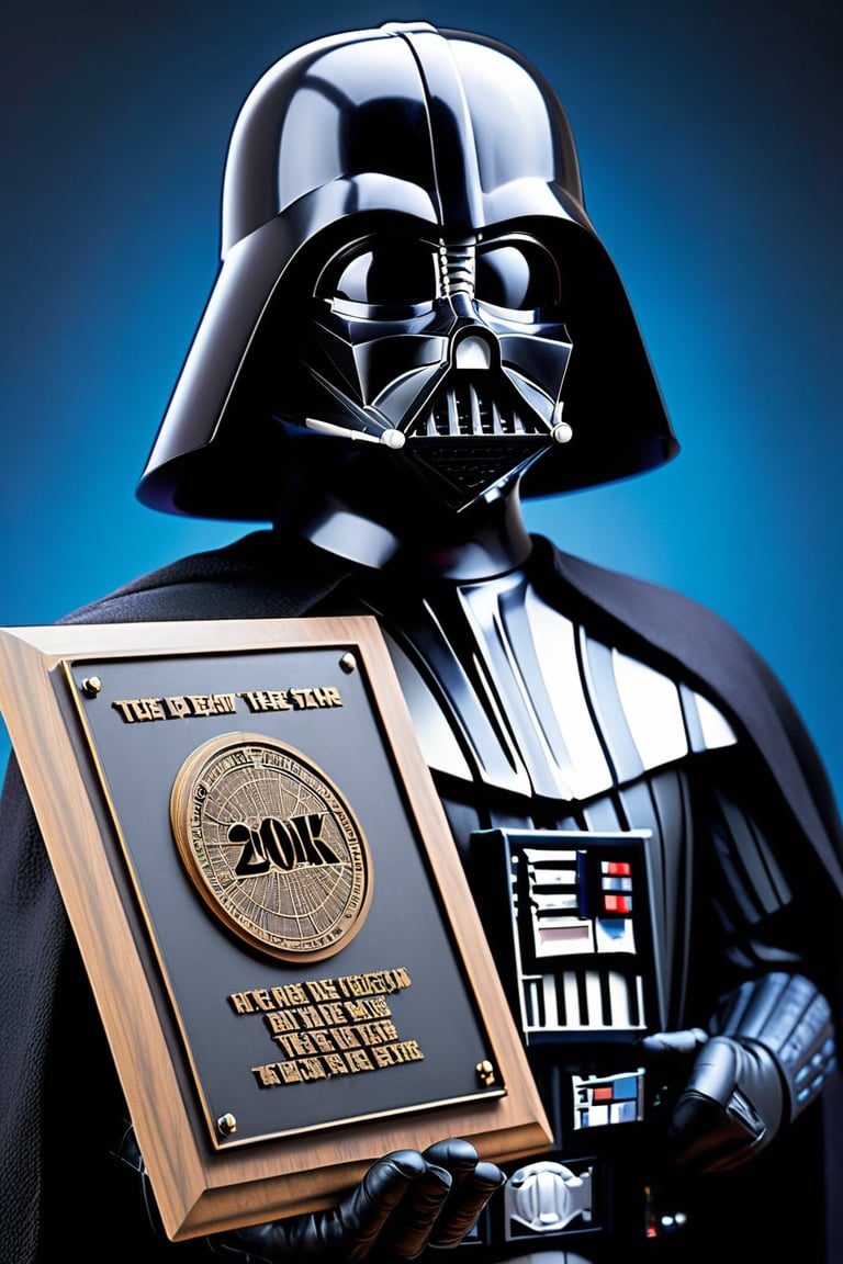 Darth Vader holds up a plaque with the text "20 K" and a Death Star figurine,style_bebas,style_brush,text as "20 K"