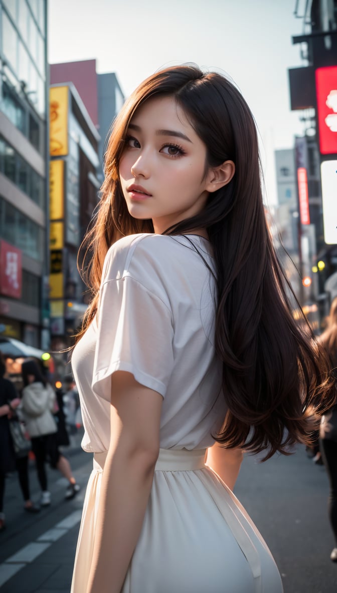 Masterpiece, high-definition viewer, JPNIODL's beautiful model, beautiful brown semi-long hair, amazing high resolution, wide-angle lens, 14mm lens, low angle, low-angle shot, detailed eyes, Harajuku, Takeshita Street, slope, cityscape at dusk, Adds 8K high resolution, instant poses, detailed backgrounds, Casual fashion, Tyndall effect, backlighting, hair detailing, detailed face, detailed nose, detailed mouth, detailed body, and hair details. and paint.
,Bomi,fashion