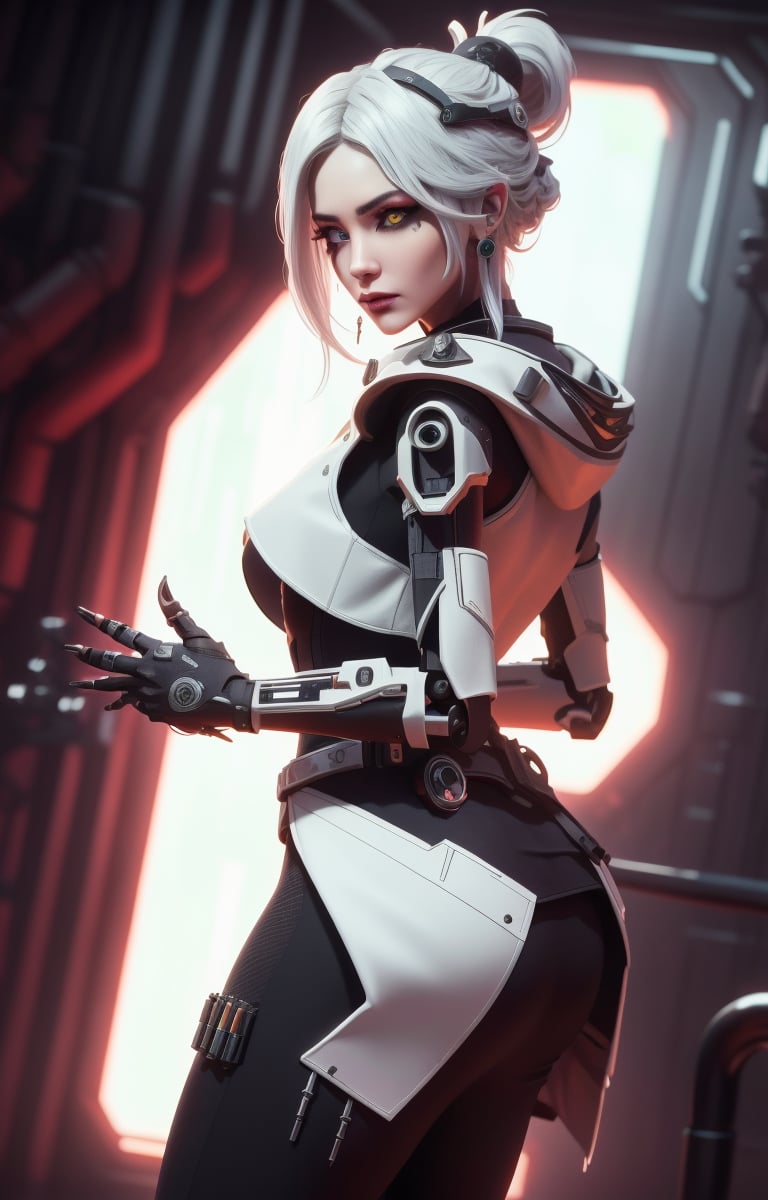 (Masterpiece, Best Quality, 1 Girl, Solo, Intricate Details, Chromatic Aberration), Real,, 2bTheEmpireStyle, White, White Cyborg Fashion Shot, Punk Warrior, ((Sigh)), (Sad Smile: 0.6), Long Hair, Black Hair , white headdress, pearl highlights, hair on one eye, yellow eyes, earrings, sharp eyes, , (symmetrical eyes), (perfectly symmetrical body), by the wall, fractal decoration staring at the viewer, Unreal Engine, ArtStation In trend, high-tech plastic,TheEmpireStyle,Maria